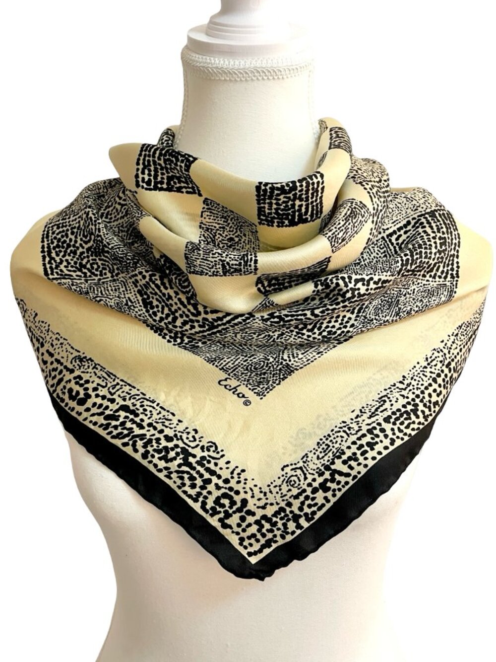 Echo Silk Scarf Black Cream Abstract Geometric Print Square Scarf